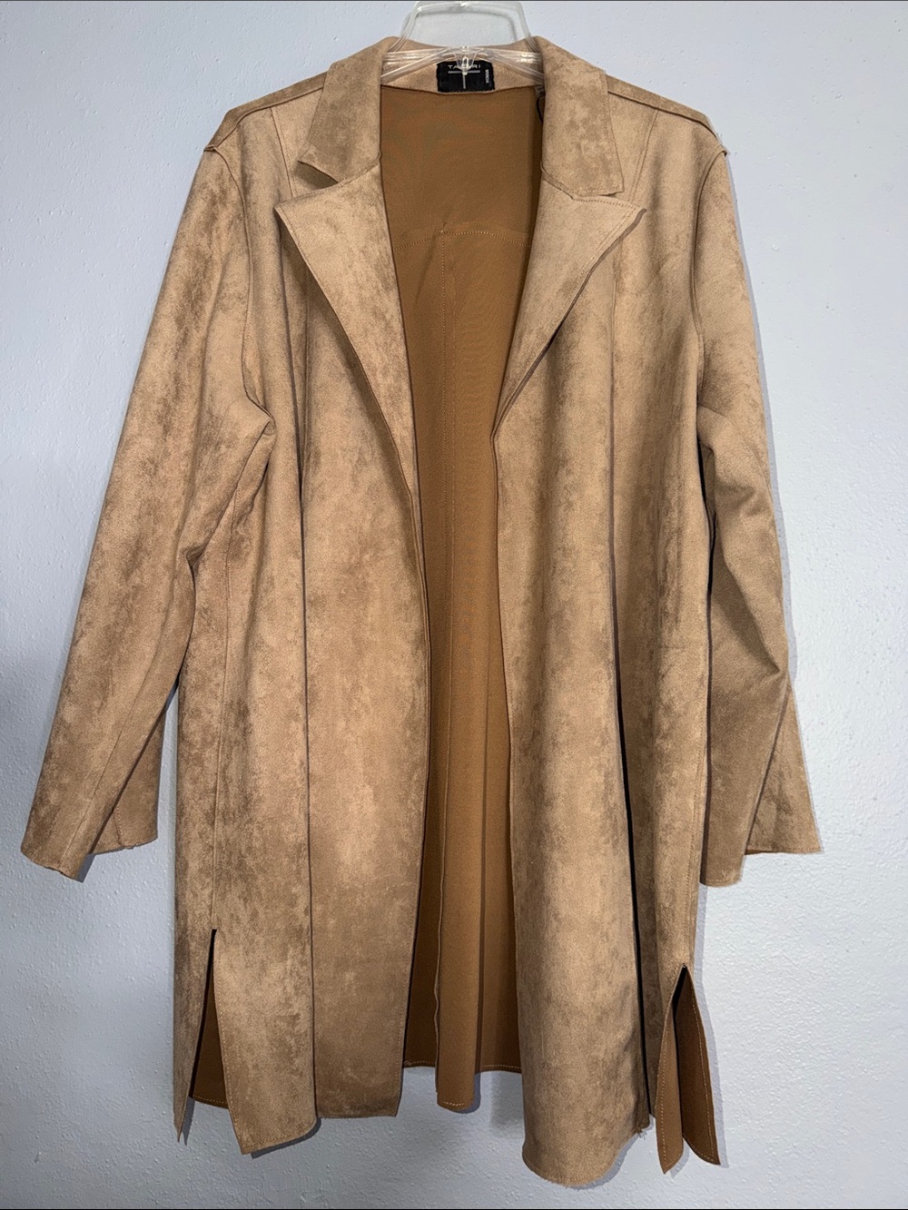 Tahari Faux Suede Open Front Trench Coat in Camel